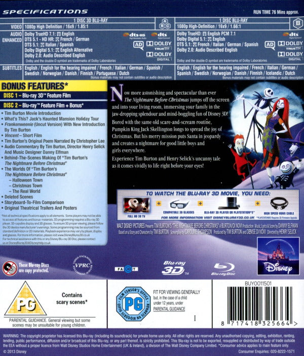 Bluray - Nightmare Before Christmas (3D) back cover