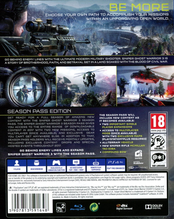 Playstation 4 - Sniper: Ghost Warrior 3 - Season Pass Edition back cover