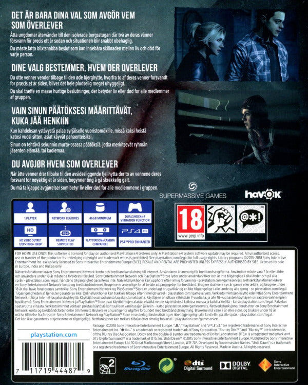 Playstation 4 - Until Dawn back cover