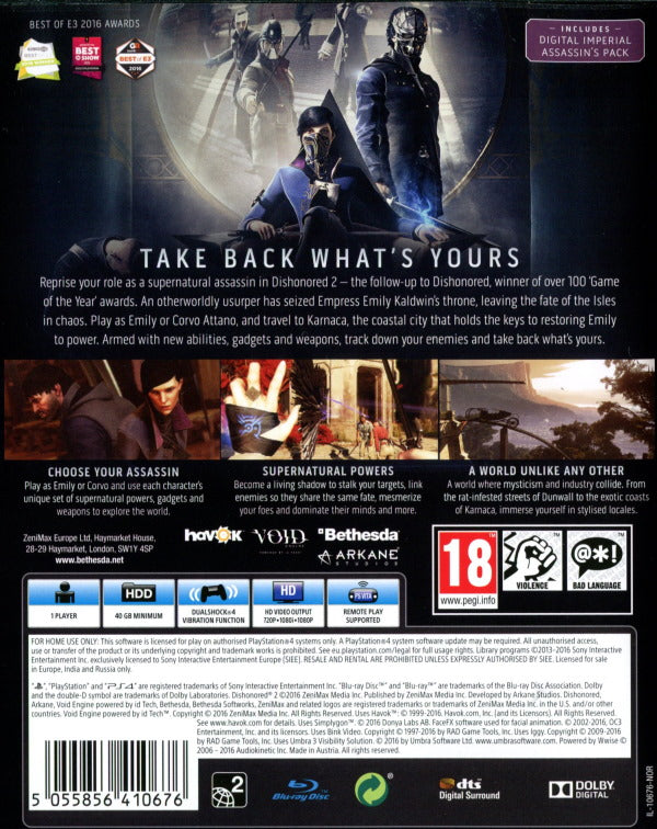 Playstation 4 - Dishonored 2 back cover