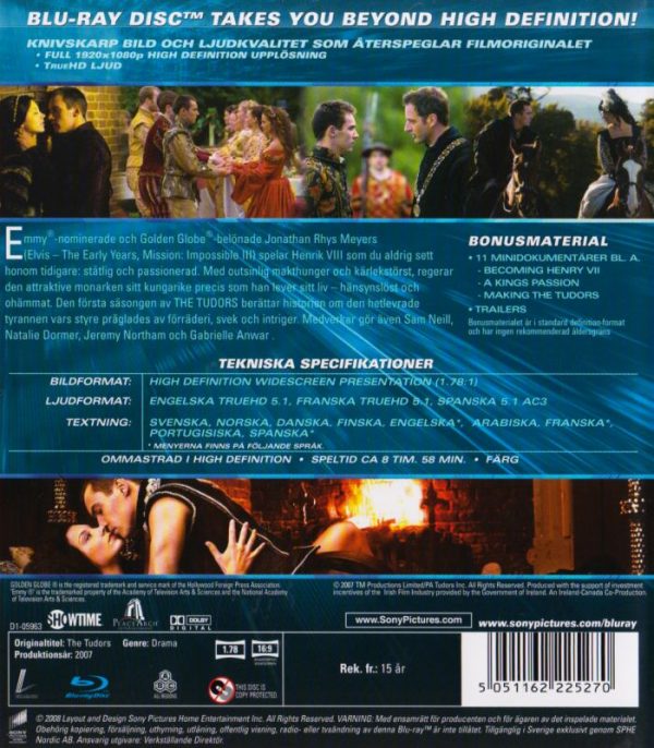 Bluray - Tudors : Säsong 1 (3 Disc) (Sam Neill, Jonathan Rhys Meyers mfl) back cover