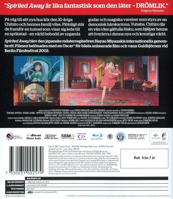 Bluray - Spirited Away (Hayao Miyazaki) (Svensk utgåva) back cover