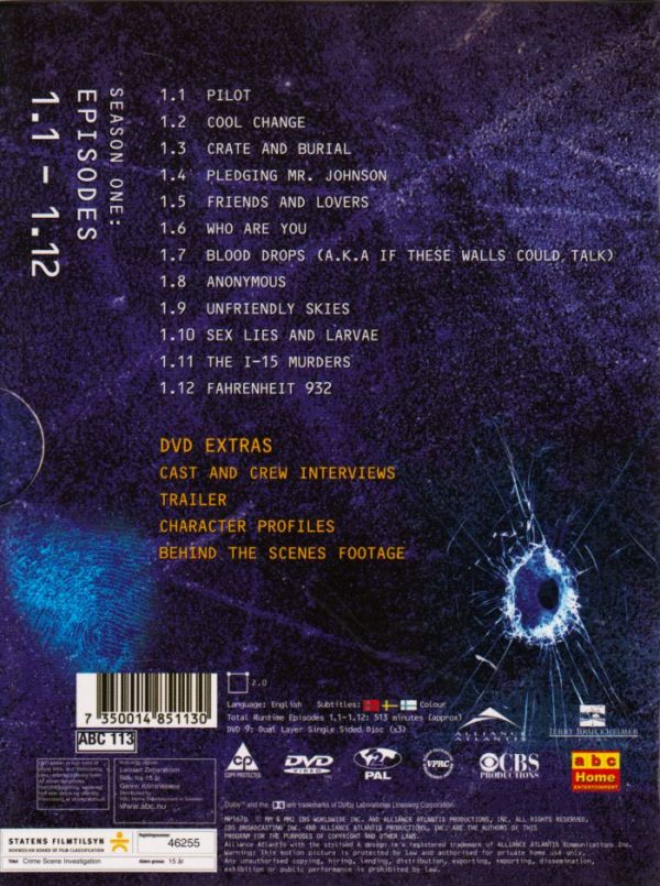 CSI : Crime Scene Investigation - Säsong 1 : Del 1.1 - 1.12 back cover