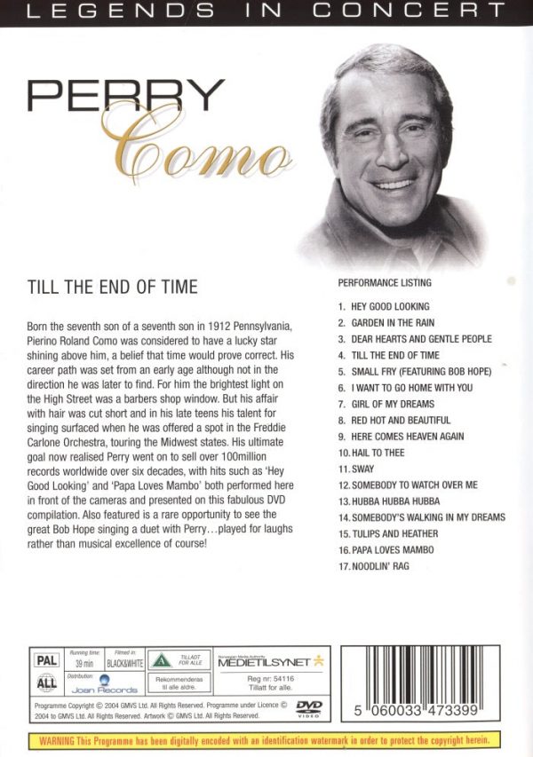 DVD - Legends in Concert - Perry Como: Till the End of Time