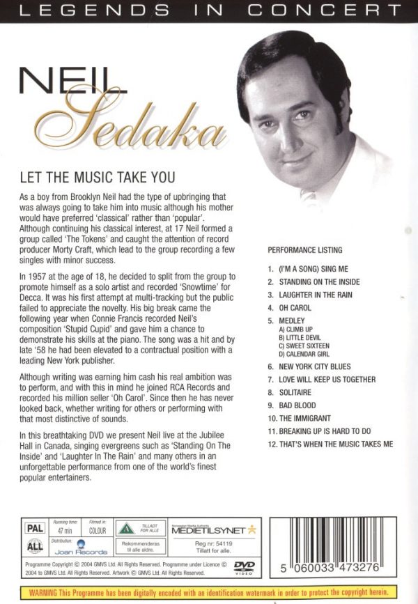 DVD - Legends in Concert - Neil Sedaka: Let The Music Take You