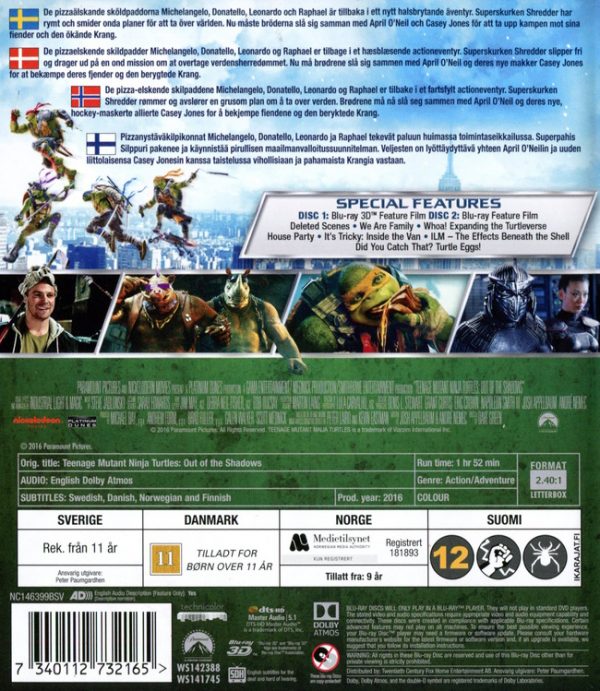 Bluray - Teenage Mutant Ninja Turtles: Out of the Shadows (3D) back cover