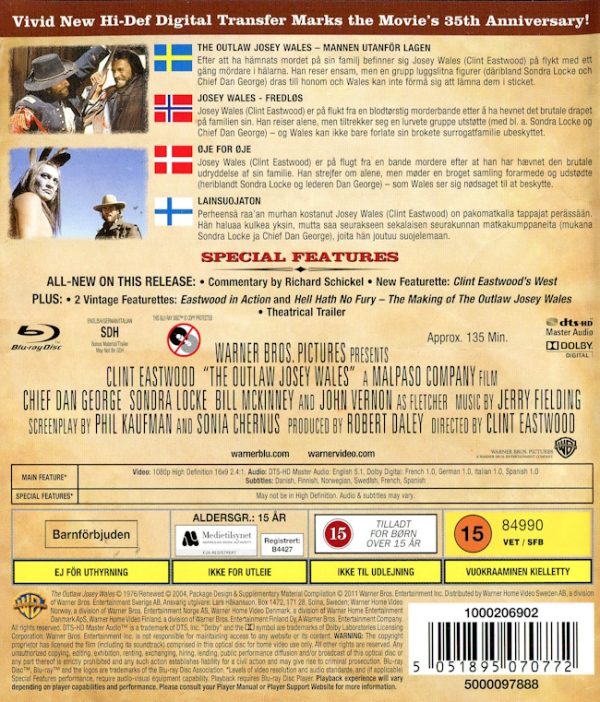 Bluray - Outlaw Josey Wales (Clint Eastwood) back cover