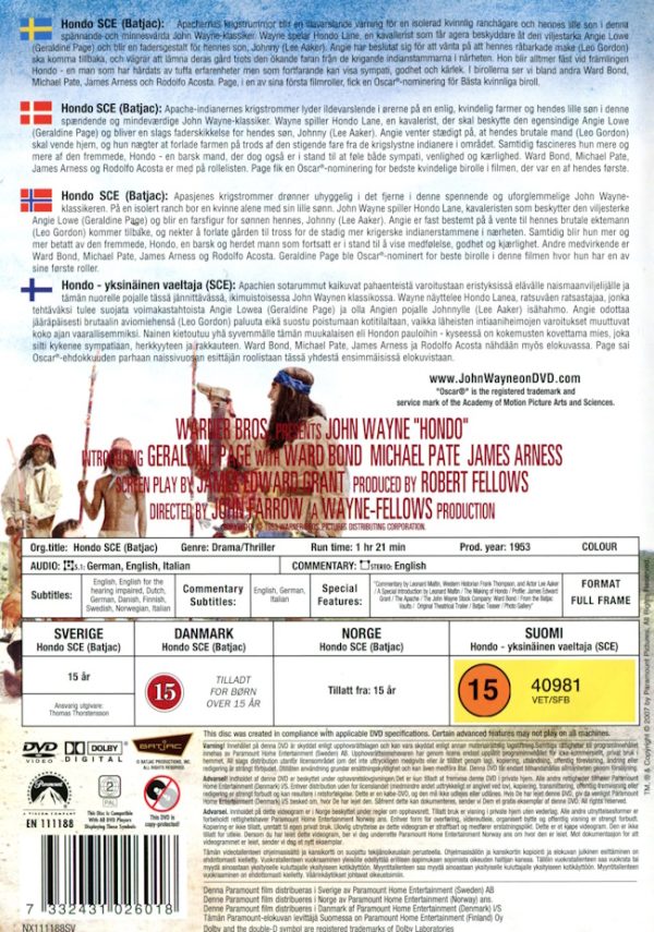 DVD – Hondo (John Wayne) (1953) (Special Collectors Edition) back cover