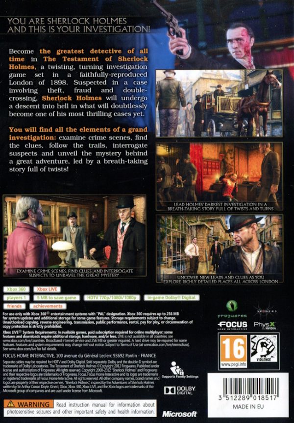 XBOX 360 - Testament of Sherlock Holmes back cover