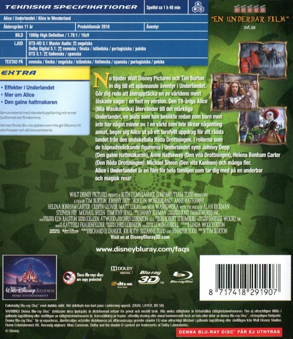 Bluray - Alice i Underlandet (Johnny Depp) (2010) (3D) baksida