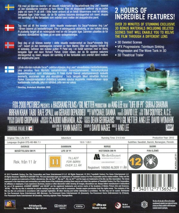 Bluray - Berättelsen om Pi (Life of Pi) (3D) baksida