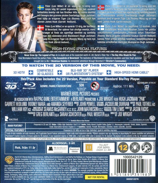 Bluray - Pan (2015) (3D) baksida
