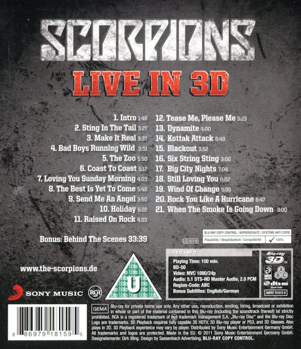 Bluray - Scorpions: Get Your Sting And Black Out - Live In 3D baksida