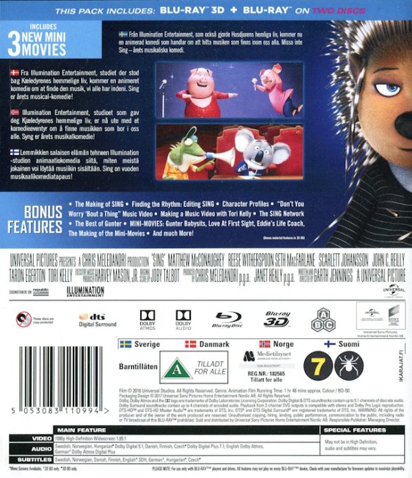 Bluray - Sing: Special Edition (3D) baksida