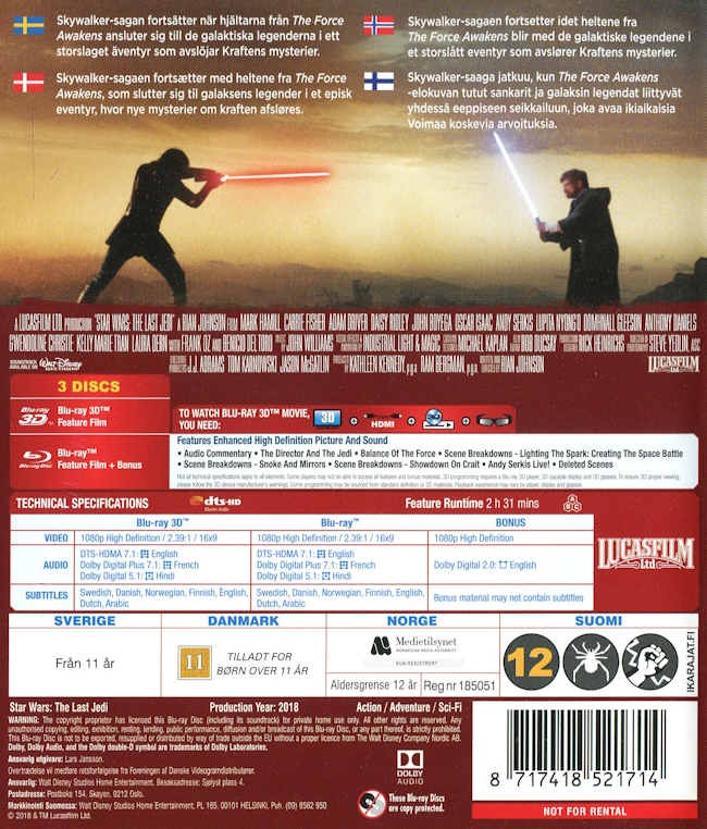 Bluray - Star Wars - The Last Jedi (3D) baksida
