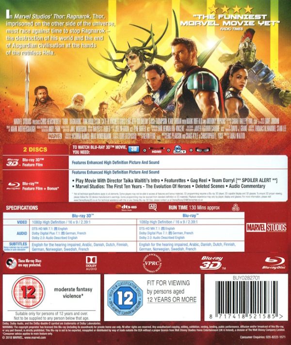 Bluray - Thor 3: Ragnarok (3D) baksida