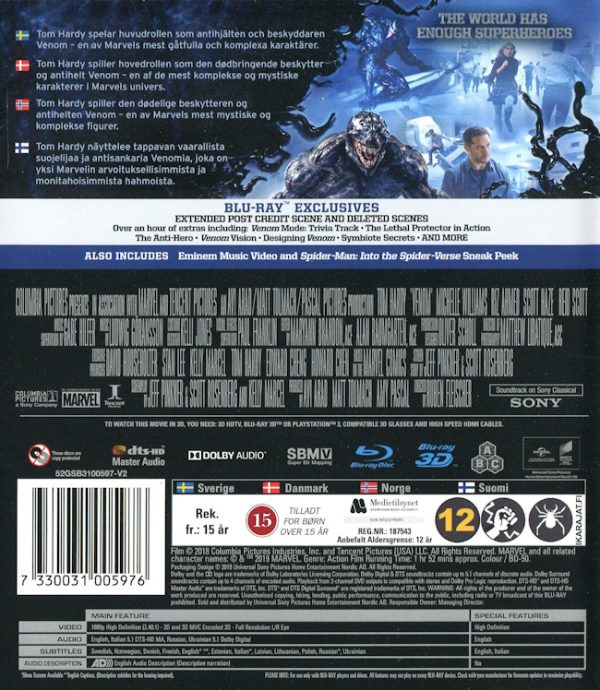 Bluray - Venom (Tom Hardy) (3D) baksida