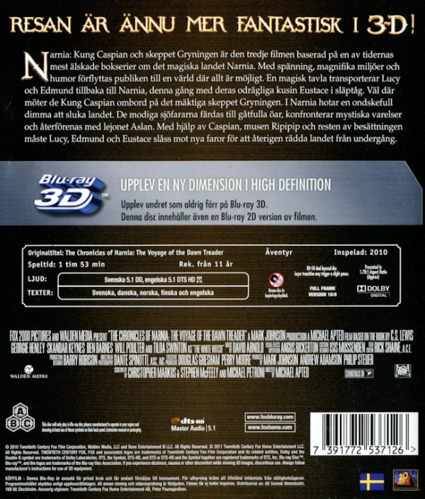 Bluray - Berättelsen om Narnia: Kung Caspian och skeppet Gryningen (3D) baksida