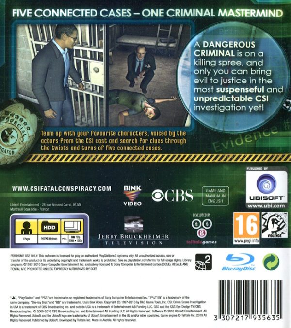 Playstation 3 - CSI: Crime Scene Investigation - Fatal Conspiracy baksida