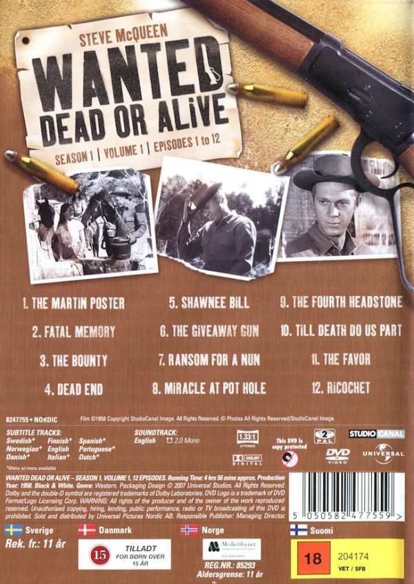 DVD - Wanted Dead or Alive: Säsong 1 - Volume 1 (Steve McQueen) (1958) baksida