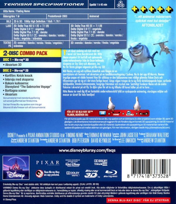Bluray - Hitta Nemo (Finding Nemo) (Disney Pixar) (2003) (3D) baksida