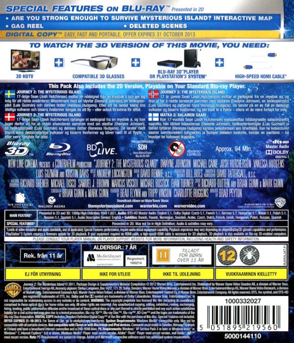 Bluray - Journey 2: The Mysterious Island (Dwayne Johnson) (2011) (3D) baksida