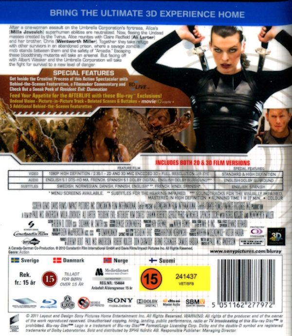 Bluray - Resident Evil : Afterlife (Milla Jovovich) (2010) (3D) baksida